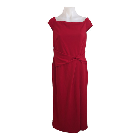 Lauren Ralph Lauren Sz 12 Boatneck Sheath Maxi Dress Red Hourglass Twisted Front - Picture 1 of 16